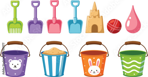 Cute Beach Toys and Sand Play Icon Set with Buckets Shovels Sandcastle Ball and Water Drop for Kids Summer Designs