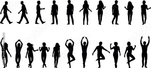 Silhouette of Diverse People Walking Standing and Dancing in Various Poses Collection Pack for Minimalist Graphic Design and Creative Projects