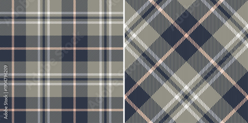 Gray tartan plaid seamless pattern for textile, fabrics, print, wallpaper, garments, clothing and background. Elegant trendy Scottish check texture.