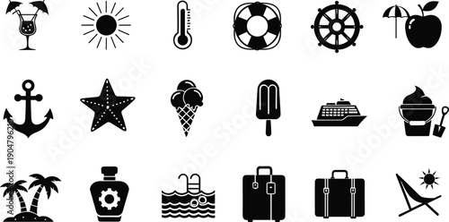 Summer Vacation Travel Silhouette Icon Set with Beach Cruise Sun Luggage Ice Cream and Tropical Holiday Symbols for Tourism Designs