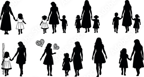 Silhouette of Mother Walking with Children and Toddlers Holding Hands Set Illustrating Parenthood Family Love Childhood and Togetherness Vector Illustration