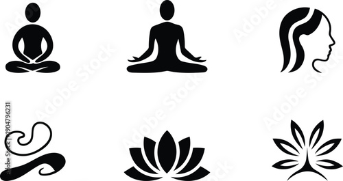 Diverse set of black silhouette icons representing yoga meditation and spiritual wellbeing for graphic design purposes