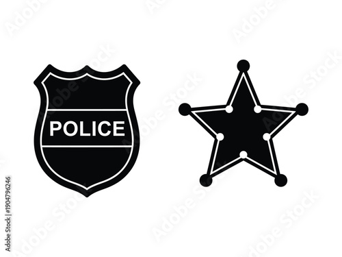 Black vector icons of a police badge and a sheriff star, symbolizing law enforcement, authority, or justice.