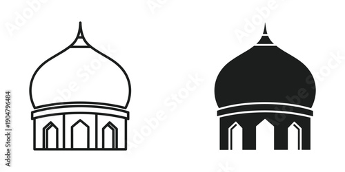 Two minimalist line art depictions of domed structures possibly mosques in contrasting black and white high quality professional detailed modern elegant stylish clean crisp vibrant colorful