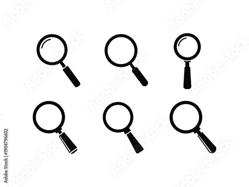 Set of six black vector icons depicting magnifying glasses, representing search, research, analysis, or discovery.