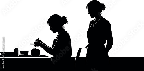 Silhouette of two female chefs in aprons preparing food in a commercial kitchen or restaurant bakery with minimalist black white vector