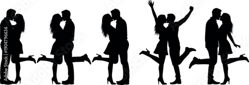 Silhouette of young romantic couple kissing and celebrating love in various poses isolated on white background for valentines wedding design