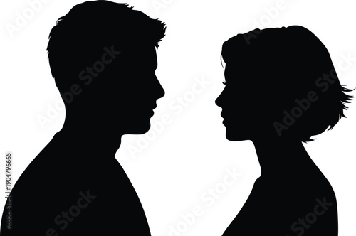 Silhouette profile of a man and woman facing each other in a gentle intimate momentisolated on transparent background