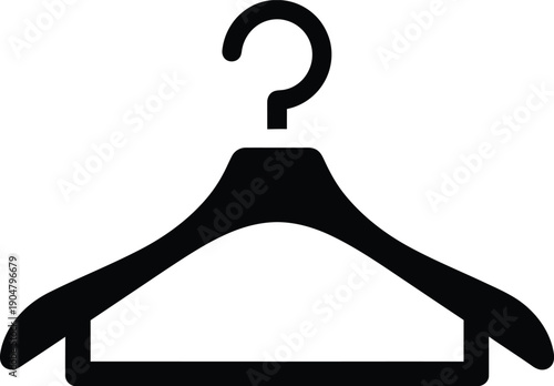 A simple black icon of a clothes hanger used for hanging garments in a closet or retail store