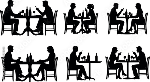 Silhouettes of Couples on Dates in Restaurant Using Smartphones and Ignoring Each Other Representing Digital Addiction and Modern Relationship Problems