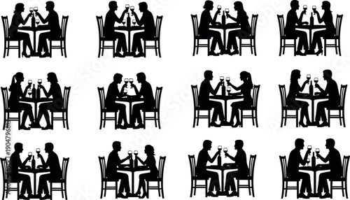 Silhouette Vector Set of Diverse Couples Dining at Restaurant Tables Including Same-Sex and Heterosexual Pairs Having Romantic Dinner and Drinks