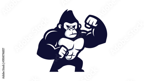 Strong gorilla illustration with flexed muscles on white background