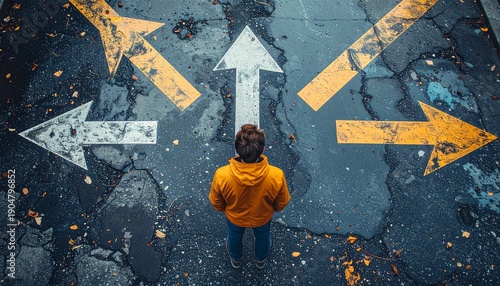 Person at a crossroads with multiple directional arrows on a wet road, symbolizing choice, decision-making, and future path