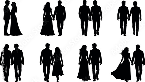 Silhouettes of diverse couples walking and holding hands including heterosexual and same sex partners for wedding engagement and romantic relationship concepts