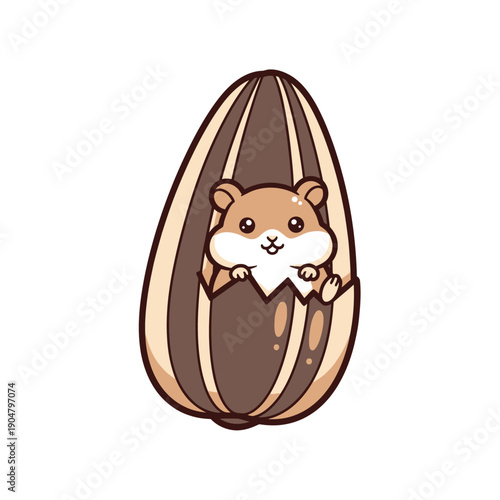 Cartoon hamster peeking out from a cracked open brown and beige nut shell on a white background.
