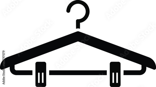 A black and white minimalist icon of a clothes hanger with clips for pants or skirts