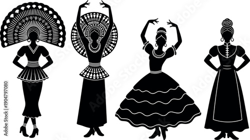 Traditional Mexican Tehuana and Folkloric Dancer Silhouettes with Ornate Headdress and Floral Lace Details for Cultural Celebration and Graphic Design