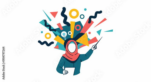 Creative Muslim woman with hijab and ideas exploding from her head, brainstorming, innovation, education