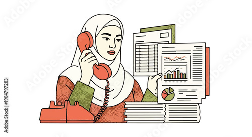 Muslim woman in hijab working in office, talking on phone, surrounded by financial reports and charts