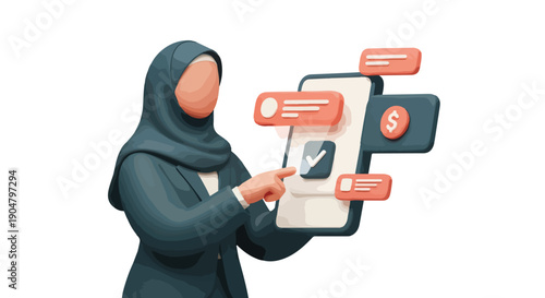 Muslim woman in hijab using smartphone for online shopping, banking, or communication with notifications