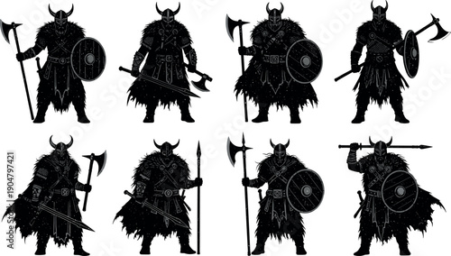 Viking Warrior Silhouette Set with Horned Helmets Holding Shields Axes and Swords Isolated Vector Illustration for Norse Mythology Graphic Design
