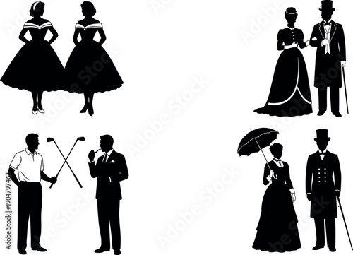 Vintage Fashion Evolution Silhouettes Featuring Victorian Era Couples Mid Century 1950s Party Dresses and Classic Mens Formal Golf Apparel Set