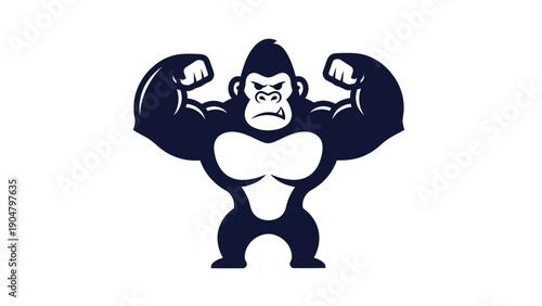 Strong gorilla posing boldly with muscular arms on a white background