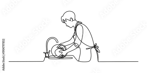 Continuous line drawing of a person wearing an apron washing dishes at a kitchen sink Vector, illustration