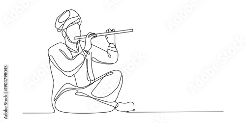Continuous line drawing of a traditional indian man playing the flute while sitting. Vector, illustration