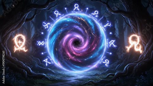 Mystical Portal In A Dark Forest: Cosmic Swirl Of Runes, Light And Fantasy