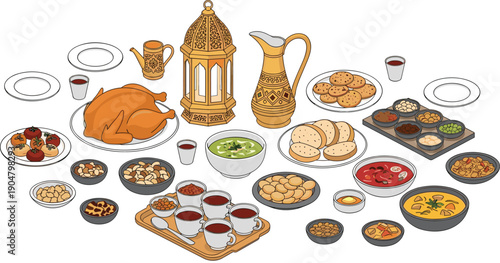 Lavish Ramadan Iftar table with roasted chicken, bread, soups, pastries, nuts, tea, ornate lantern, symbolizing cultural festive dining tradition