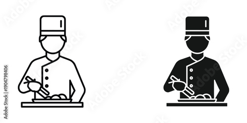 A black and white illustration depicts a hotel bellhop with a small table and luggage high quality professional detailed modern elegant stylish clean crisp vibrant colorful