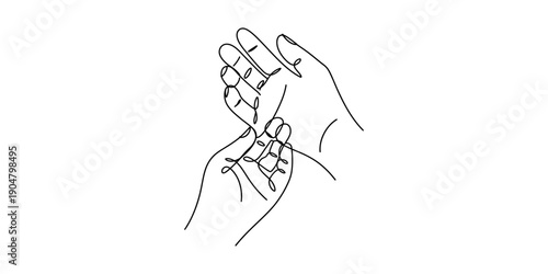 Line drawing of a person pressing a finger into the palm of their hand for massage. Vector, illustration
