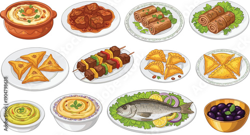 Traditional Middle Eastern and Mediterranean cuisine assortment with hummus, grilled meat skewers, pastries, fish, olives, showcasing authentic culinary culture
