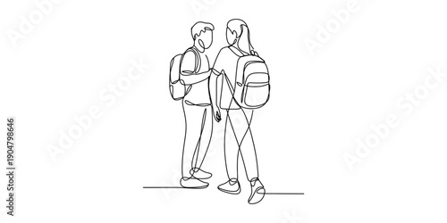 Continuous line drawing of a young couple with backpacks standing and talking Vector, illustration