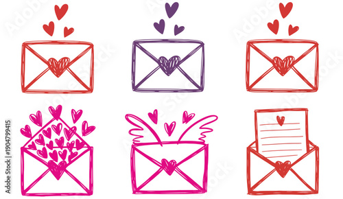 Hand drawn envelopes with hearts and love letters in red purple and pink mail