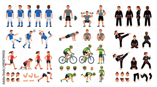 Sports guy character constructor. Bodybuilder man creation set. Different postures, hairstyle, face, legs, hands, equipment, clothes collection. Vector cartoon illustration. Front, side, back view.