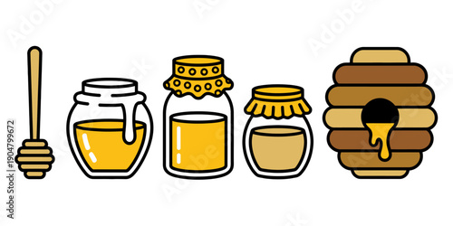 Honey dipper jars and beehive with dripping honey in flat style