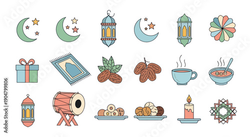 Ramadan Icons Set: Moon, Stars, Lanterns, Dates, Food, Prayer Mat, Drum, Candle