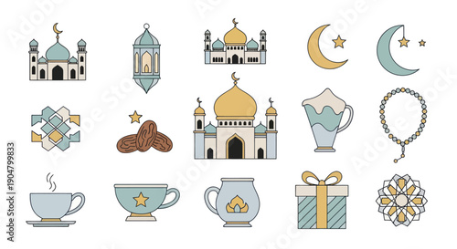 Ramadan Islamic Icons: Mosques, Moon, Dates, Lantern, Coffee, Gift, Prayer Beads