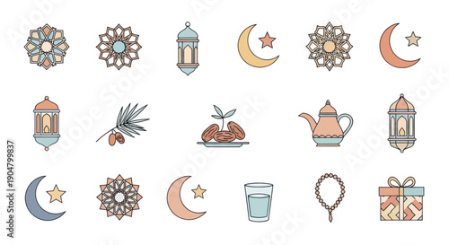 Ramadan Icons Set: Moon, Lantern, Dates, Star, Tea, Gift, Mandala - Islamic Holiday Elements