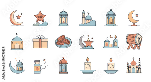 Ramadan Icons Collection: Crescent Moon, Lanterns, Mosque, Star, Dates, Drum, Candle, Gift
