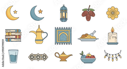 Ramadan Islamic Icons Set: Moon, Lantern, Dates, Prayer Mat, Coffee Pot, Books, Candle