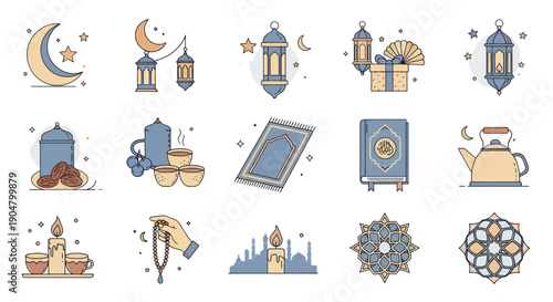 Ramadan Icons: Moon, Lanterns, Prayer Mat, Quran, Gift, Tea, Dates, Candle, Rosary
