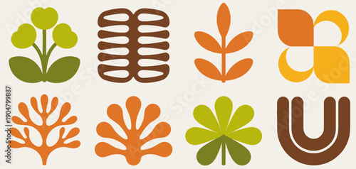 Mid century modern abstract organic shapes and floral motifs in warm earthy tones