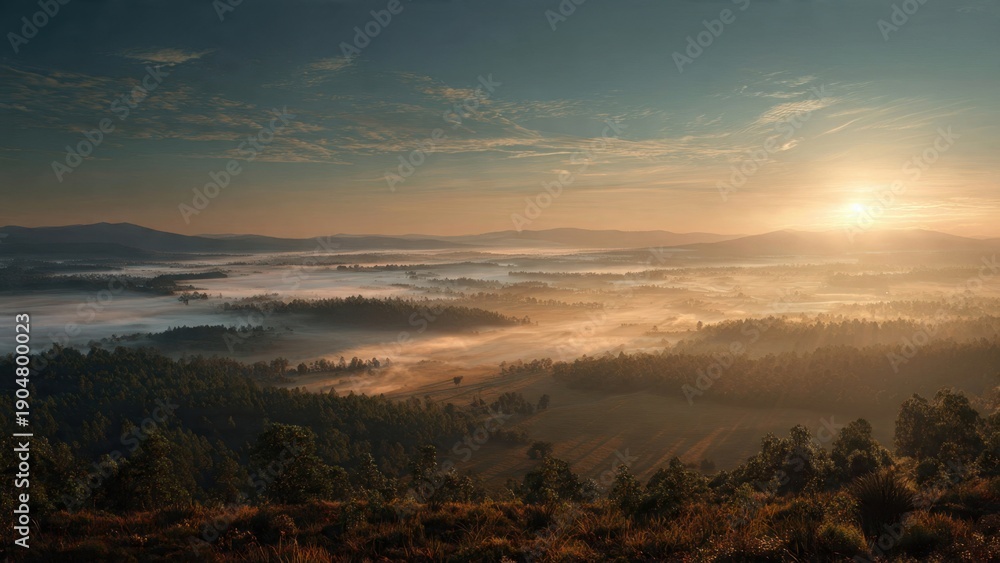 Obraz premium Sunrise over foggy valley and forest
