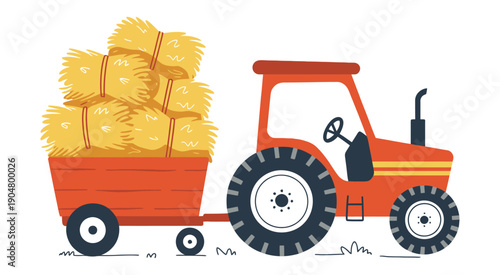 Orange tractor hauls trailer full of yellow hay bales white background