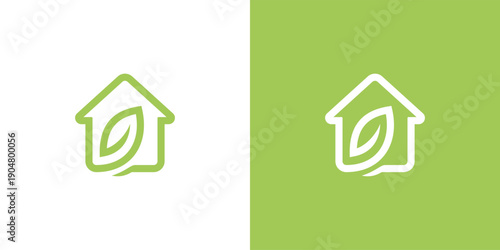 Ecofriendly house logo with a leaf inside green and white design.