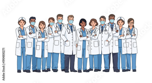 Diverse Group of Doctors and Nurses Standing Confidently. Professional Healthcare Team Wearing Face Masks and Lab Coats - Vector Illustration.