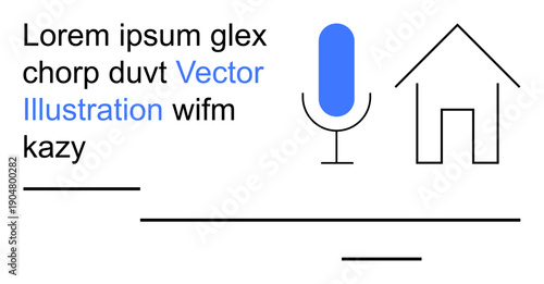 Communication, digital interaction, remote work, transcription services, home environment, podcasts. Microphone icon next to house outline with text accents. Communication and digital interaction
